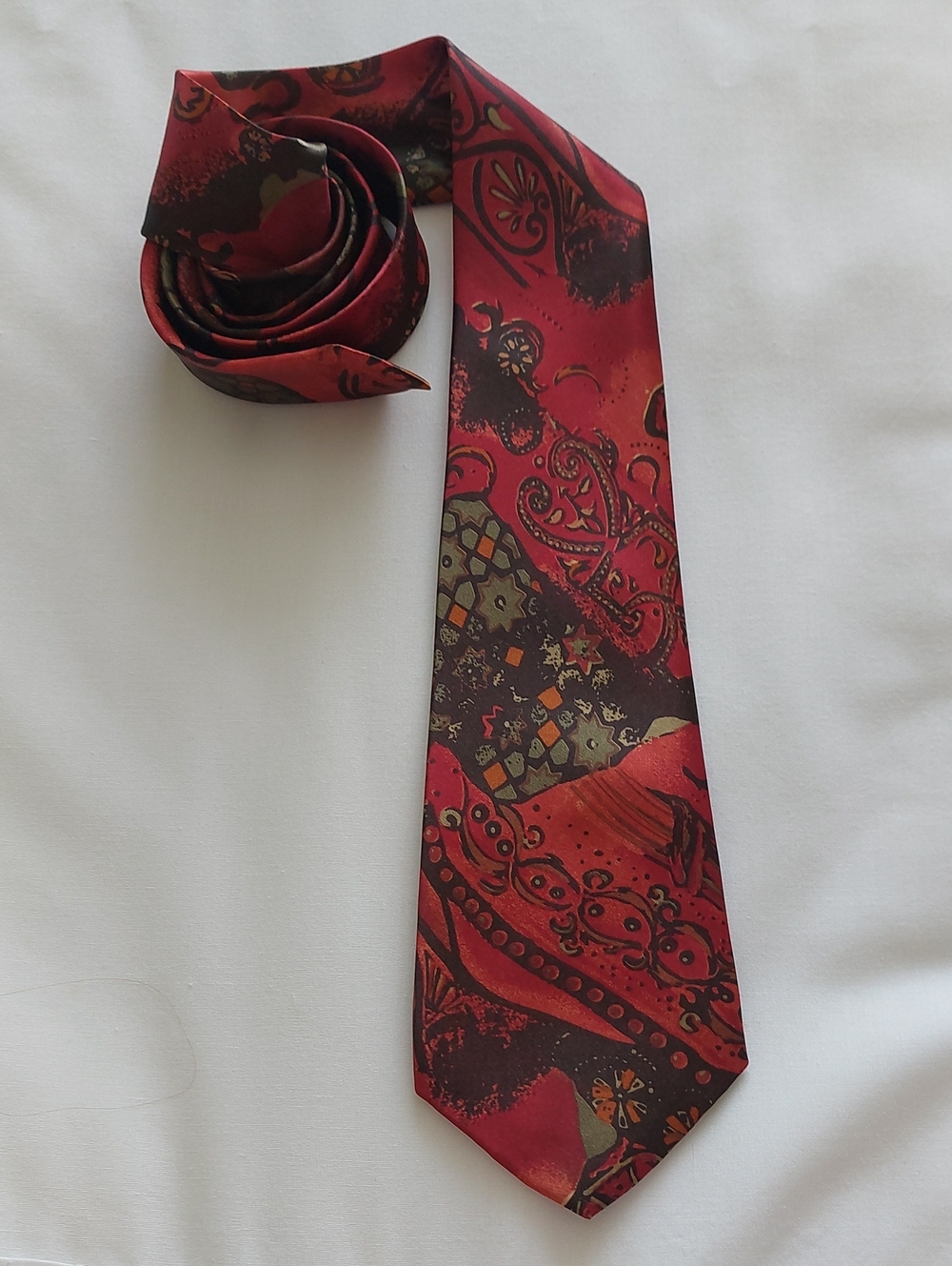 Red Paisley & Abstract Pattern Silk-Feel Tie - Unbranded